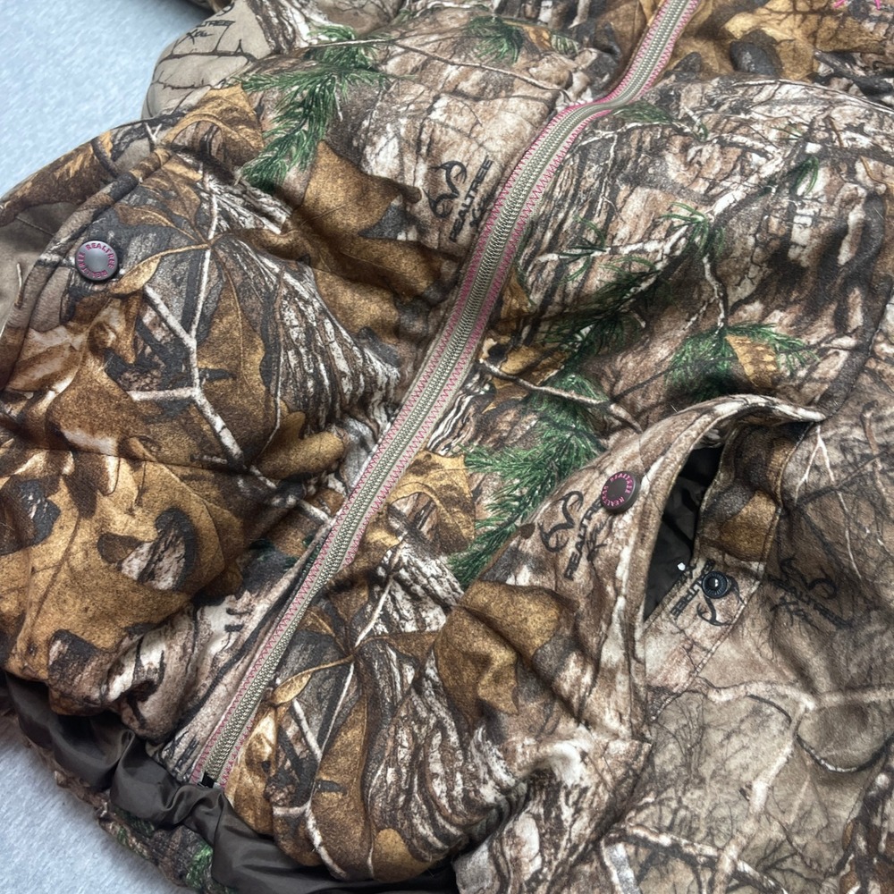 Realtree Xtra Camo Puffer Jacket Womens L Brown Pink Faux Fur Hood EUC - Picture 7 of 13